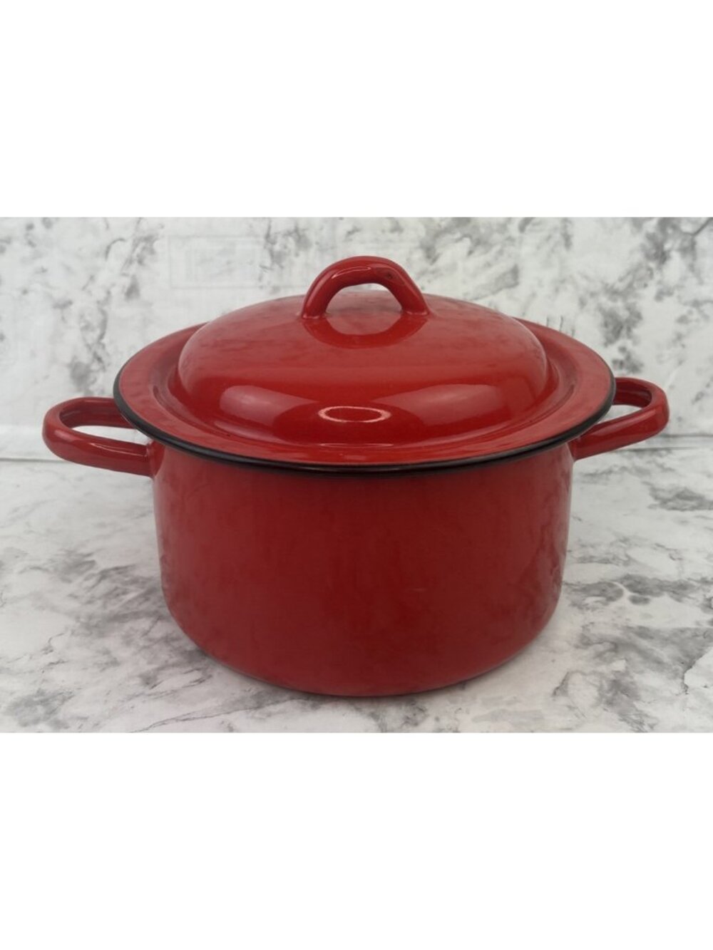*Vintage Red and Black Lidded Enamelware Pot With Handles Farmhouse Grandmacore